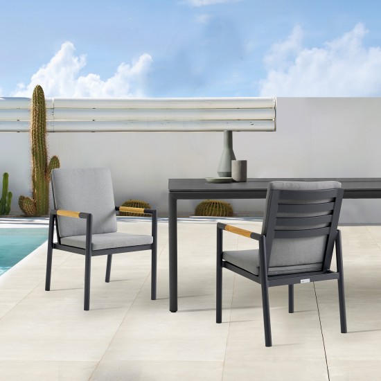Royal Black Aluminum and Teak Dining Chair with Dark Gray Fabric - Set of 2
