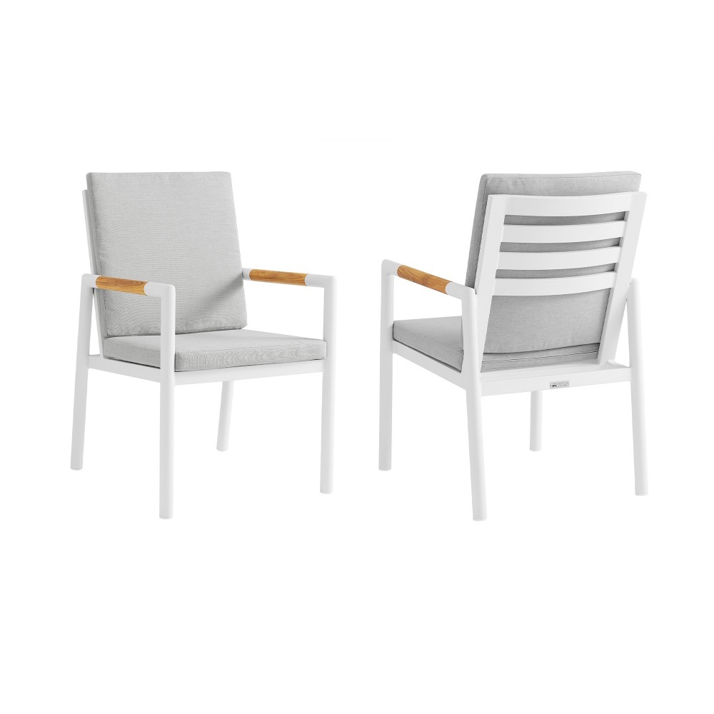 Royal White Aluminum and Teak Dining Chair with Light Gray Fabric - Set of 2