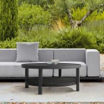 Grand Black Aluminum Outdoor Round Conversation Table with Wicker Shelf