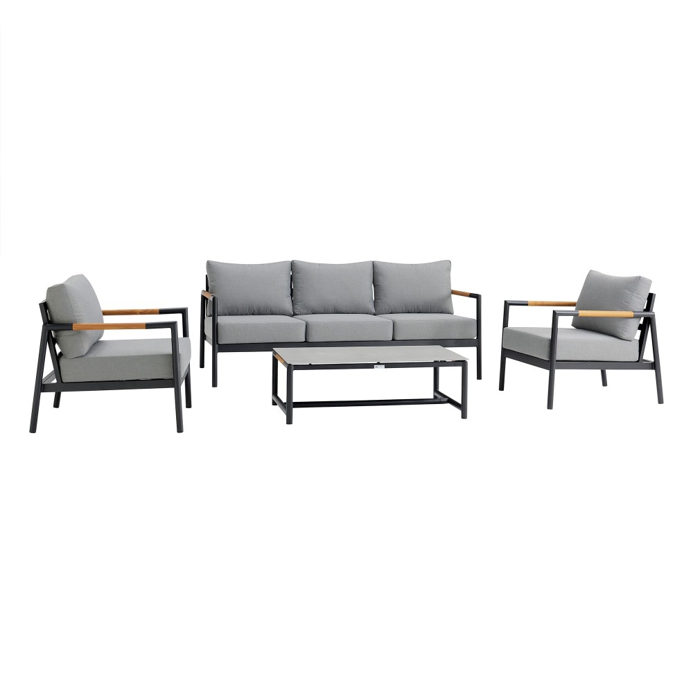 Royal 4 Piece Black Aluminum and Teak Seating Set with Dark Gray Cushions