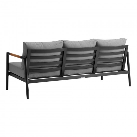 Royal 4 Piece Black Aluminum and Teak Seating Set with Dark Gray Cushions