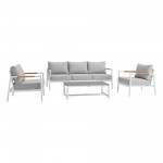 Royal 4 Piece White Aluminum and Teak Seating Set with Light Gray Cushions