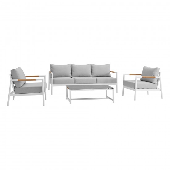 Royal 4 Piece White Aluminum and Teak Seating Set with Light Gray Cushions