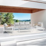 Royal 4 Piece White Aluminum and Teak Seating Set with Light Gray Cushions