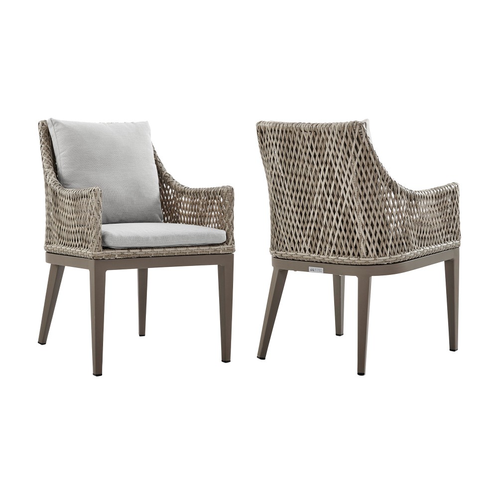 Silvana Wicker and Aluminum Gray Dining Chair with Beige Cushions - Set of 2