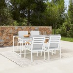 Royal 5 Piece White Aluminum and Teak Outdoor Dining Set with Light Gray Fabric