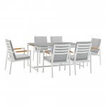Royal 7 Piece White Aluminum and Teak Outdoor Dining Set with Light Gray Fabric