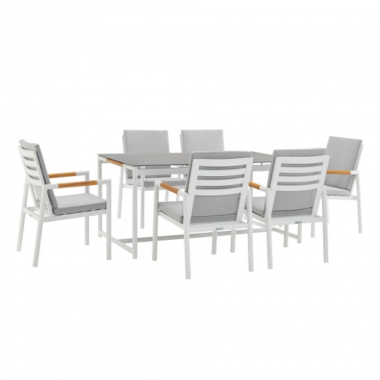 Royal 7 Piece White Aluminum and Teak Outdoor Dining Set with Light Gray Fabric