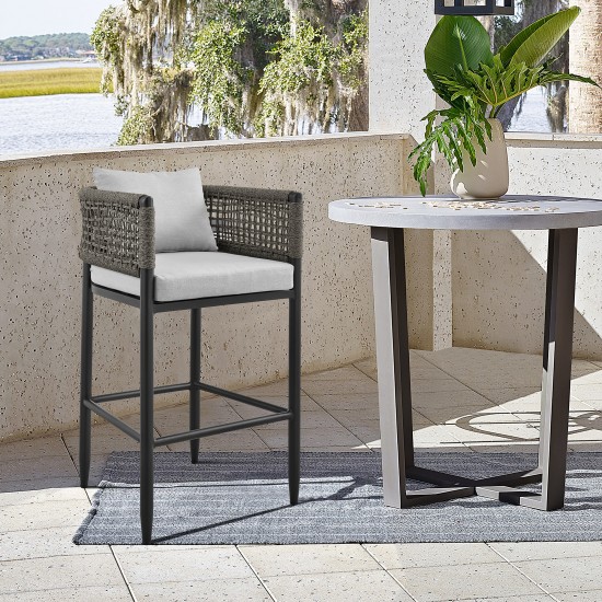 Felicia Patio Counter Height Bar Stool in Aluminum with Grey Rope and Cushions