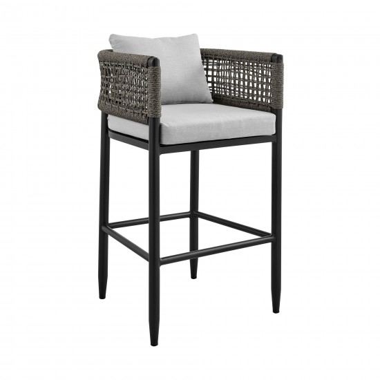 Felicia Outdoor Patio Bar Stool in Aluminum with Grey Rope and Cushions