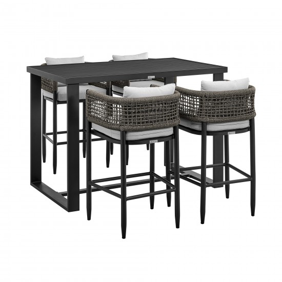 Felicia Patio 5-Piece Bar Table Set in Aluminum with Grey Rope and Cushions