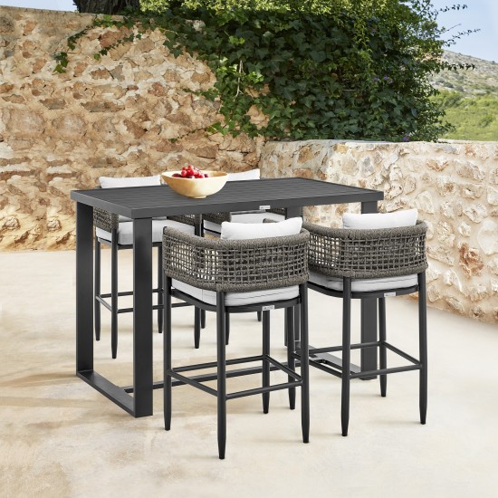 Felicia Patio 5-Piece Bar Table Set in Aluminum with Grey Rope and Cushions