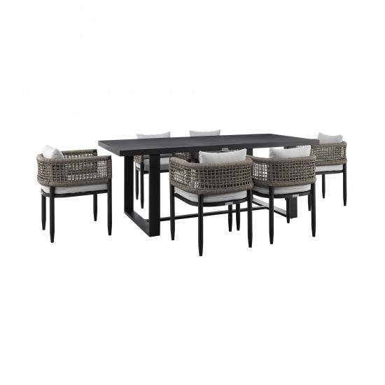 Felicia Patio 7-Piece Dining Table Set in Aluminum with Grey Rope and Cushions