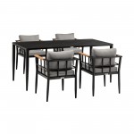 Beowulf Patio 5-Piece Dining Table Set in Aluminum and Teak with Grey Cushions
