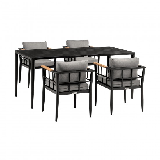 Beowulf Patio 5-Piece Dining Table Set in Aluminum and Teak with Grey Cushions