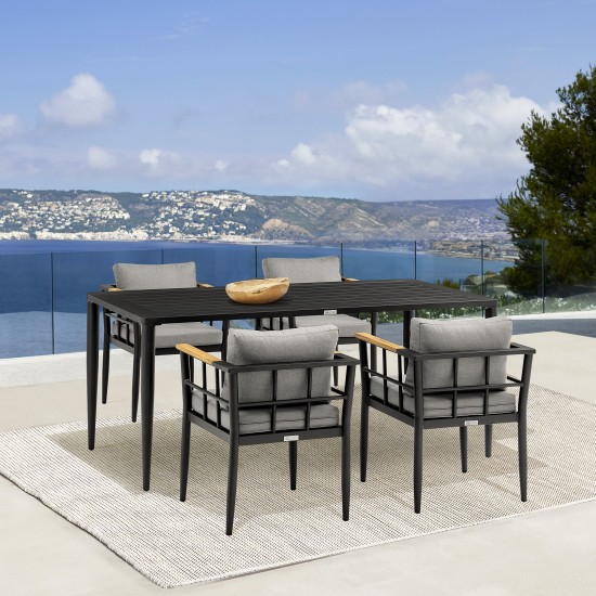 Beowulf Patio 5-Piece Dining Table Set in Aluminum and Teak with Grey Cushions