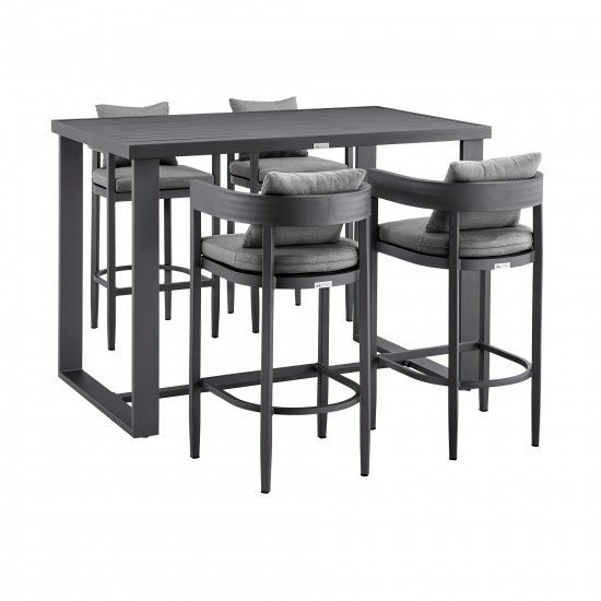 Argiope Outdoor Patio 5-Piece Bar Table Set in Aluminum with Grey Cushions