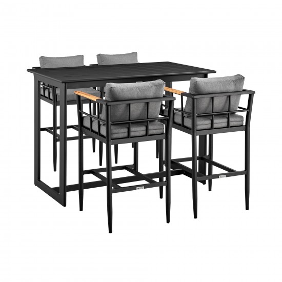 Wiglaf Outdoor Patio 5-Piece Bar Table Set in Aluminum with Grey Cushions