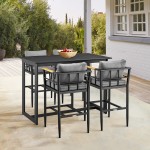 Wiglaf Outdoor Patio 5-Piece Bar Table Set in Aluminum with Grey Cushions