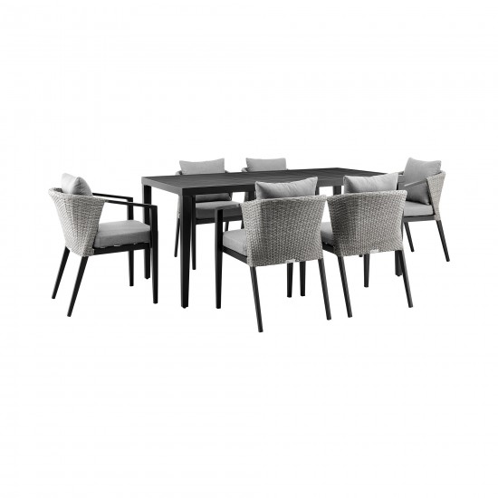 Aileen Patio 7-Piece Dining Table Set in Aluminum and Wicker with Grey Cushions