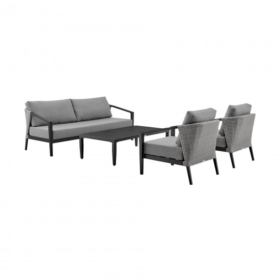 Aileen Patio 4-Piece Lounge Set in Aluminum and Wicker with Grey Cushions