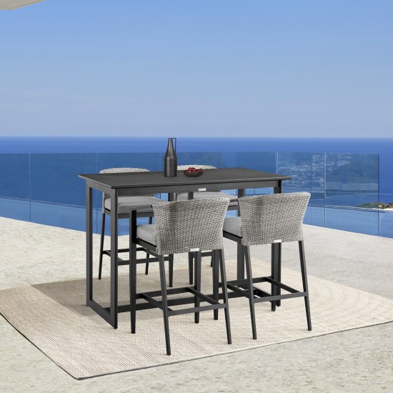 Aileen Outdoor Patio 5-Piece Bar Table Set in Aluminum with Grey Cushions