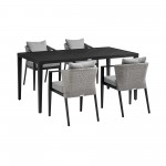 Aileen Patio 5-Piece Dining Table Set in Aluminum and Wicker with Grey Cushions