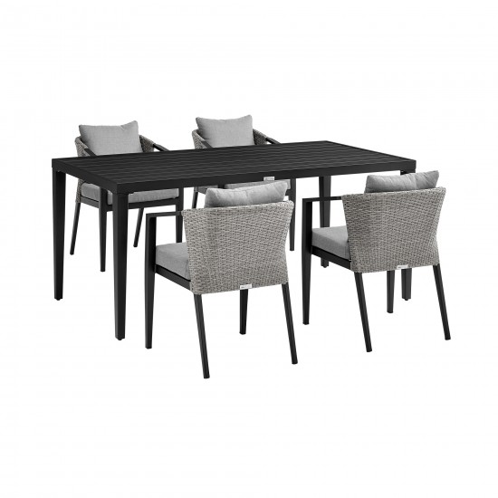 Aileen Patio 5-Piece Dining Table Set in Aluminum and Wicker with Grey Cushions