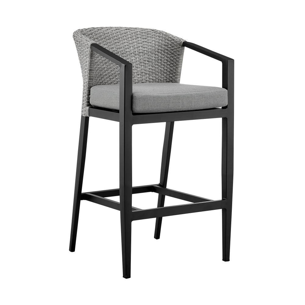 Aileen Patio Counter Height Bar Stool in Aluminum and Wicker with Grey Cushions