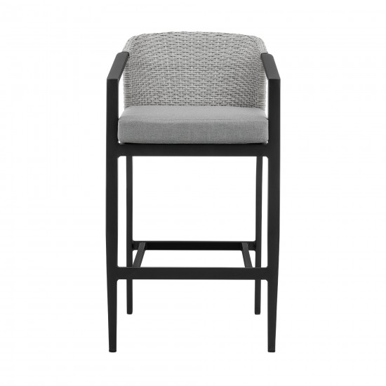 Aileen Patio Counter Height Bar Stool in Aluminum and Wicker with Grey Cushions