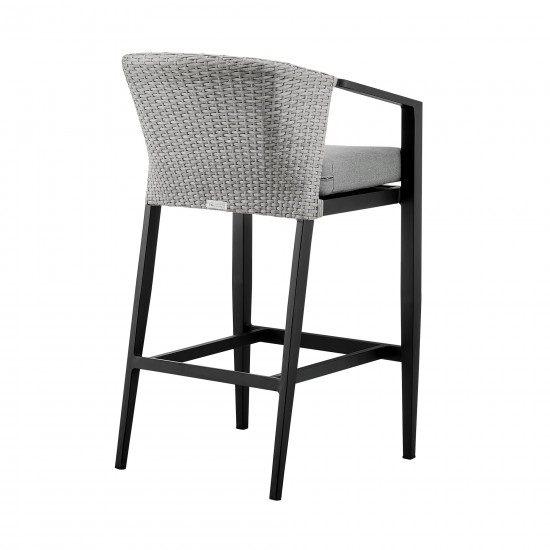 Aileen Patio Counter Height Bar Stool in Aluminum and Wicker with Grey Cushions