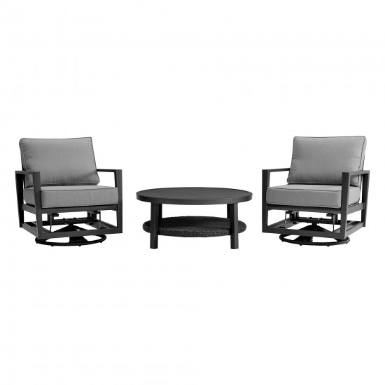 Grand 3 Piece Black Aluminum Outdoor Seating Set with Dark Gray Cushions