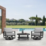 Grand 3 Piece Black Aluminum Outdoor Seating Set with Dark Gray Cushions