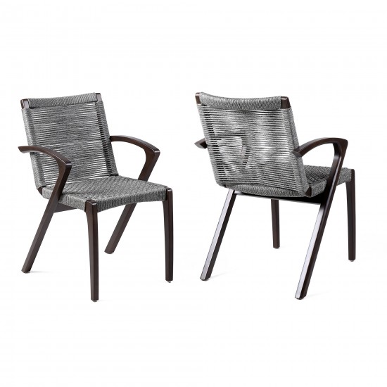 Nabila Outdoor Dark Eucalyptus Wood and Grey Rope Dining Chairs - Set of 2