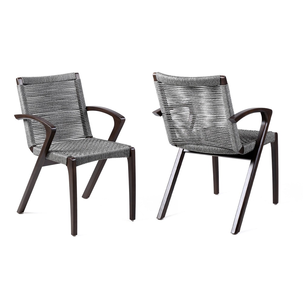 Nabila Outdoor Dark Eucalyptus Wood and Grey Rope Dining Chairs - Set of 2