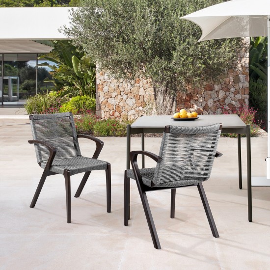 Nabila Outdoor Dark Eucalyptus Wood and Grey Rope Dining Chairs - Set of 2