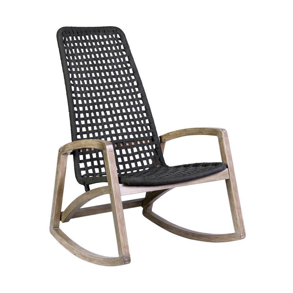 Sequoia Outdoor Patio Rocking Chair in Light Eucalyptus Wood and Charoal Rope