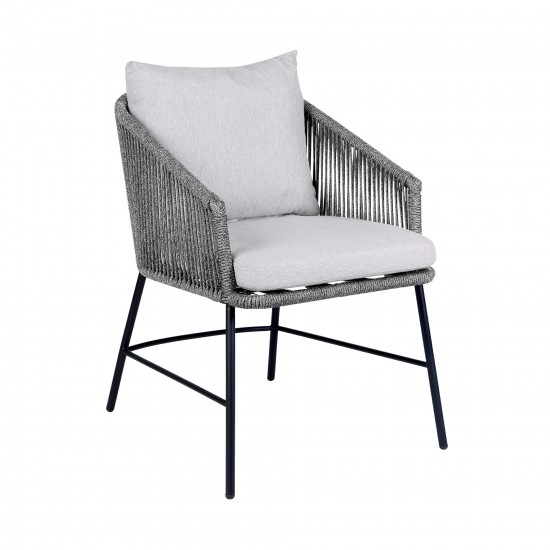 Calica Outdoor Patio Dining Chair in Black Metal and Grey Rope