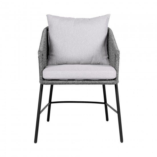 Calica Outdoor Patio Dining Chair in Black Metal and Grey Rope