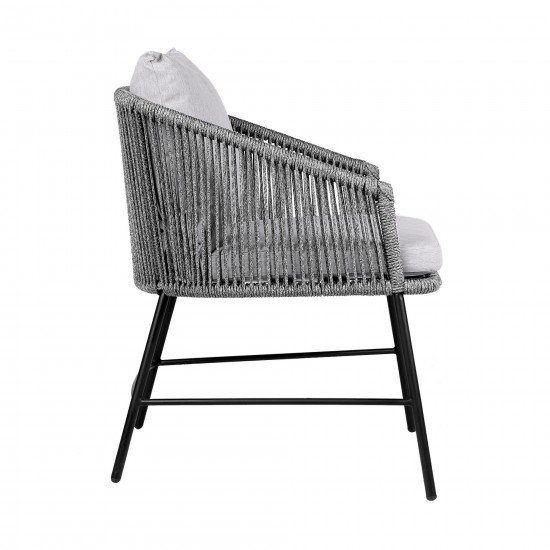 Calica Outdoor Patio Dining Chair in Black Metal and Grey Rope