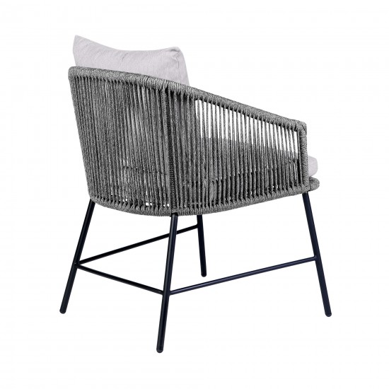 Calica Outdoor Patio Dining Chair in Black Metal and Grey Rope