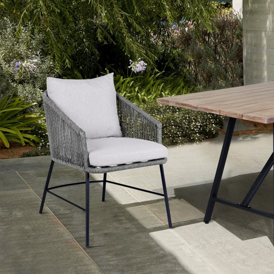 Calica Outdoor Patio Dining Chair in Black Metal and Grey Rope