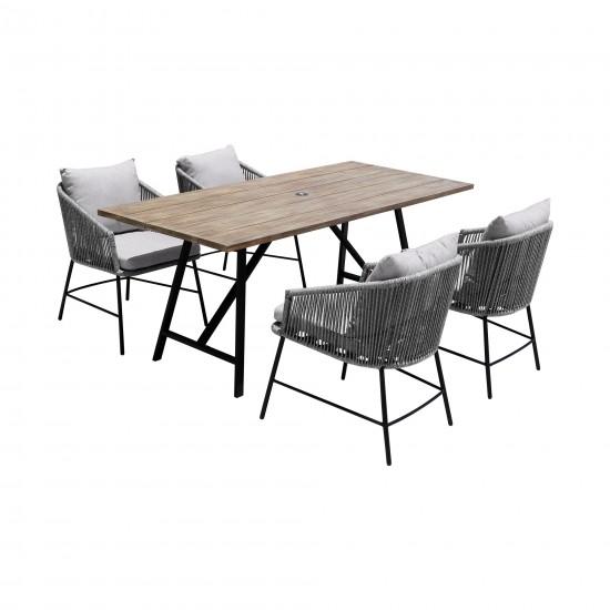 Koala and Calica 5 Piece Dining Set in Light Eucalyptus and Metal with Grey Rope