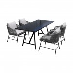 Koala and Calica 5 Piece Dining Set in Dark Eucalyptus and Metal with Grey Rope