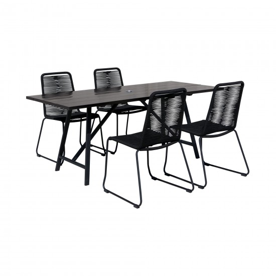 Koala and Shasta 5 Piece Dining Set in Dark Eucalyptus and Metal with Black Rope