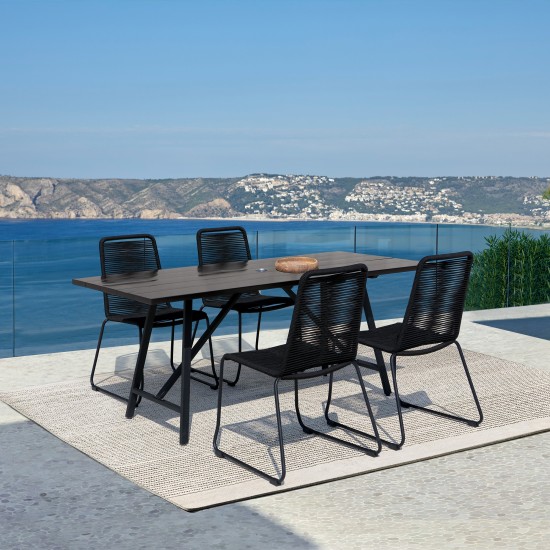 Koala and Shasta 5 Piece Dining Set in Dark Eucalyptus and Metal with Black Rope