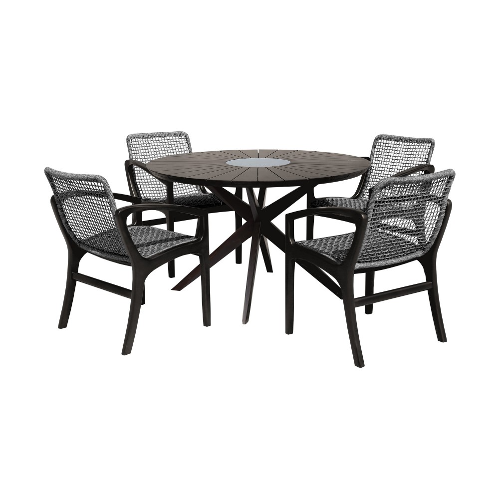 Sachi and Brighton 5 Piece Dining Set in Dark Eucalyptus Wood with Grey Rope