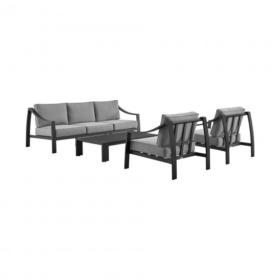 Mongo 4 Piece Outdoor Patio Furniture Set in Black Aluminum with Grey Cushions