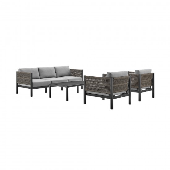 Cuffay 4 Piece Patio Furniture Set in Black Aluminum and Rope with Grey Cushions