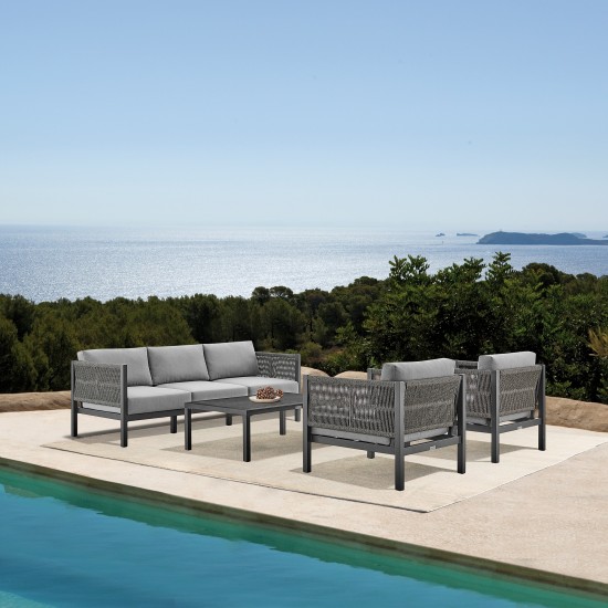 Cuffay 4 Piece Patio Furniture Set in Black Aluminum and Rope with Grey Cushions